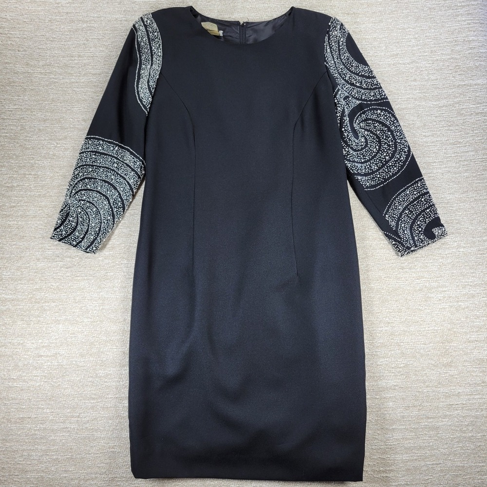 VTG Jack Bryan Cocktail Dress 14 Black Pearl Beaded Long Sleeve Formal Evening